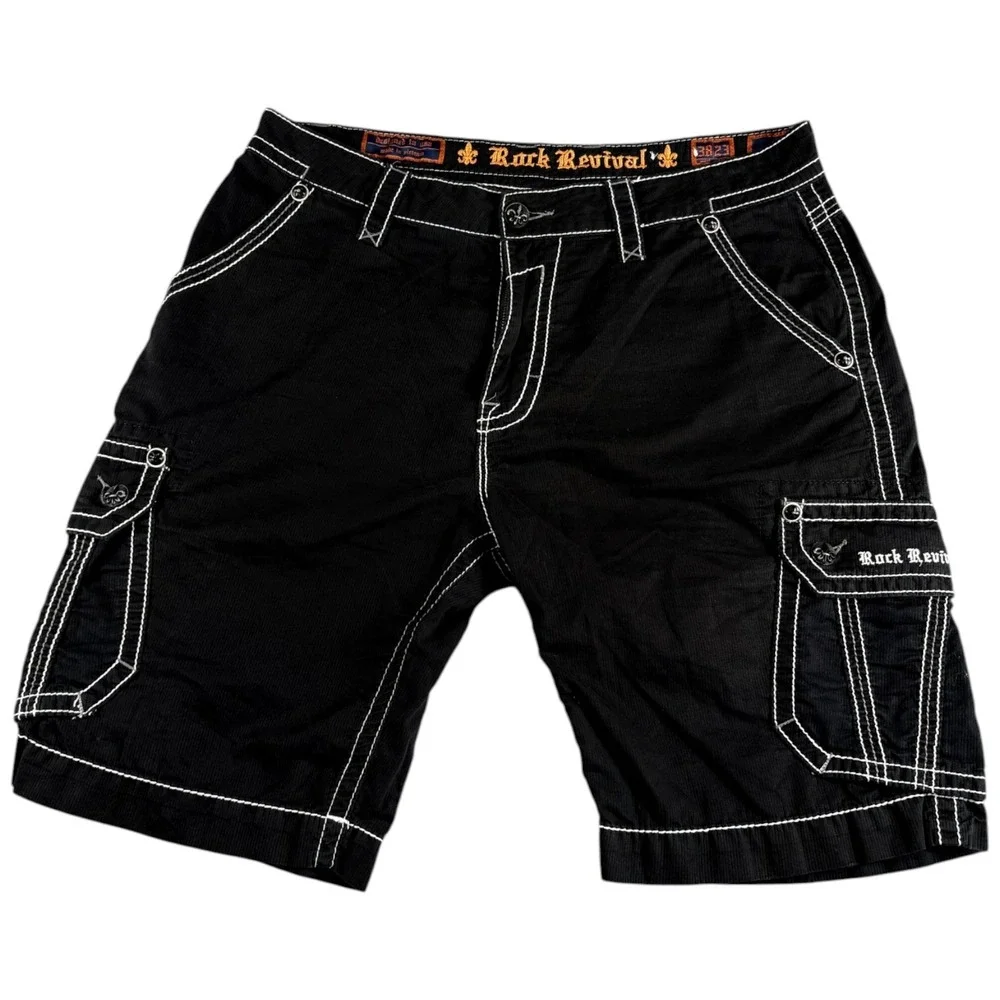 Rock Revival Cargo Shorts Mens 38 Black Slim Y2K Premium Grunge Street Heavy Y2K